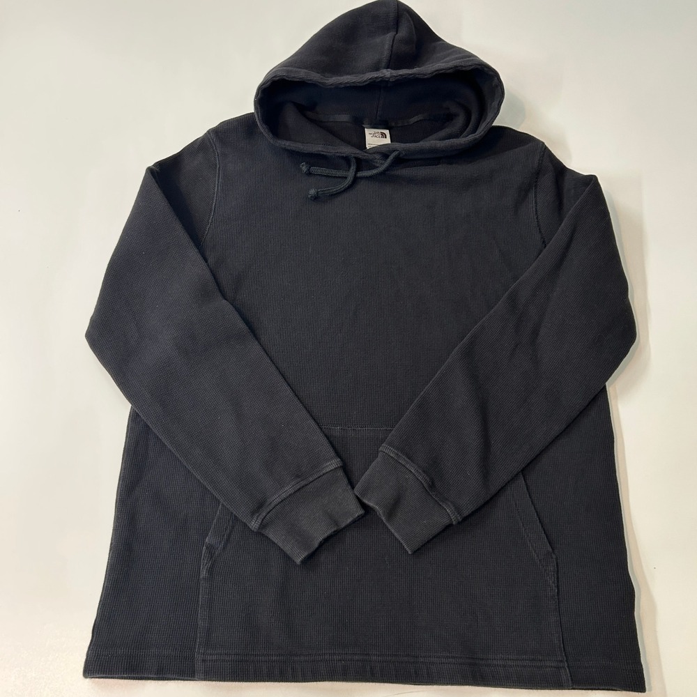 The North Face Mens Waffle Knit Thermal Hoodie Black XL Pullover Kangaroo Pocket